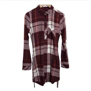 Plaid Shirt Dress Long Sleeve Roll Tab Sleeves Red Burgundy with Pockets Small